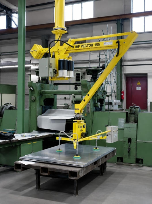 blechgreifer-schwenkarm-fuer-blechtafeln-an-maschine Blechgreifer an einem gelben Schwenkarm nimmt Blechtafeln mit Vakuumsaugern vor einer Industriemaschine auf.