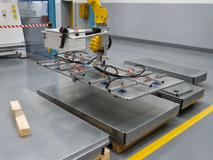 blechgreifer-vakuumgreifer-beim-anheben-von-blechtafeln Blechgreifer mit Vakuumsaugern hebt eine große Blechtafel von einem Stapel in einer industriellen Produktionsumgebung.