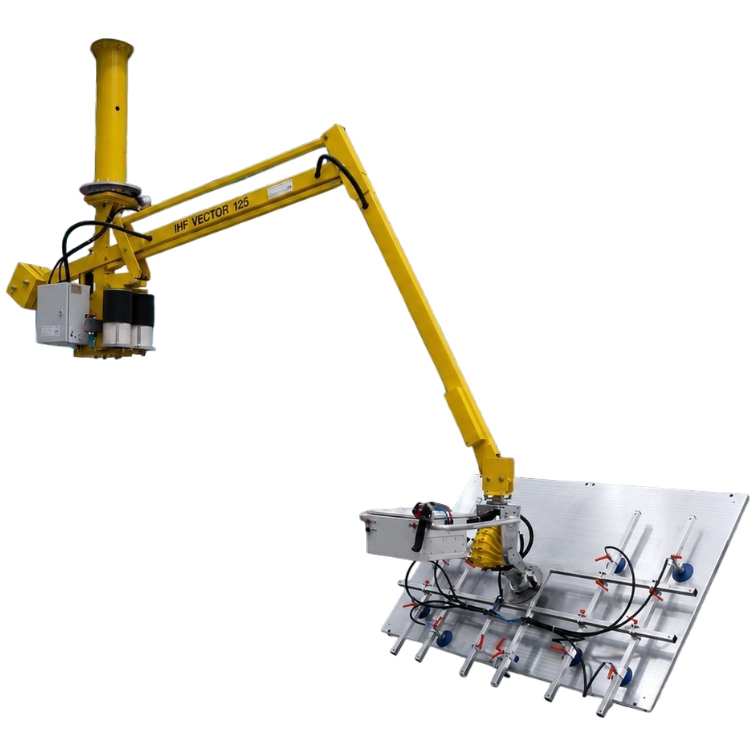 blechgreifer-vakuumgreifer-fuer-blechtafeln-verwendetes-handhabungsgeraet Blechgreifer an einem gelben Schwenkarm hebt Blechtafeln mit einem Vakuumgreifer in einer industriellen Anwendung.