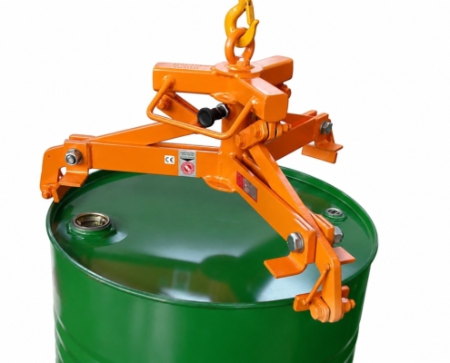 Fassmanipulator mit mechanischem Fassgreifer zum sicheren Greifen und Heben eines Stahlfasses.