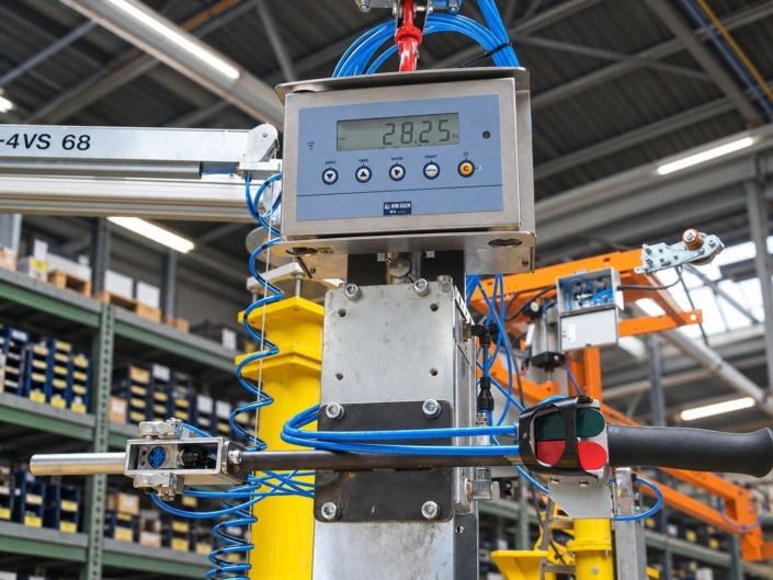 fassheber-mit-waage-bedieneinheit-industrie Detailaufnahme eines Fasshebers mit integrierter Waage und Bedieneinheit zur kontrollierten und ergonomischen Handhabung von Fässern.
