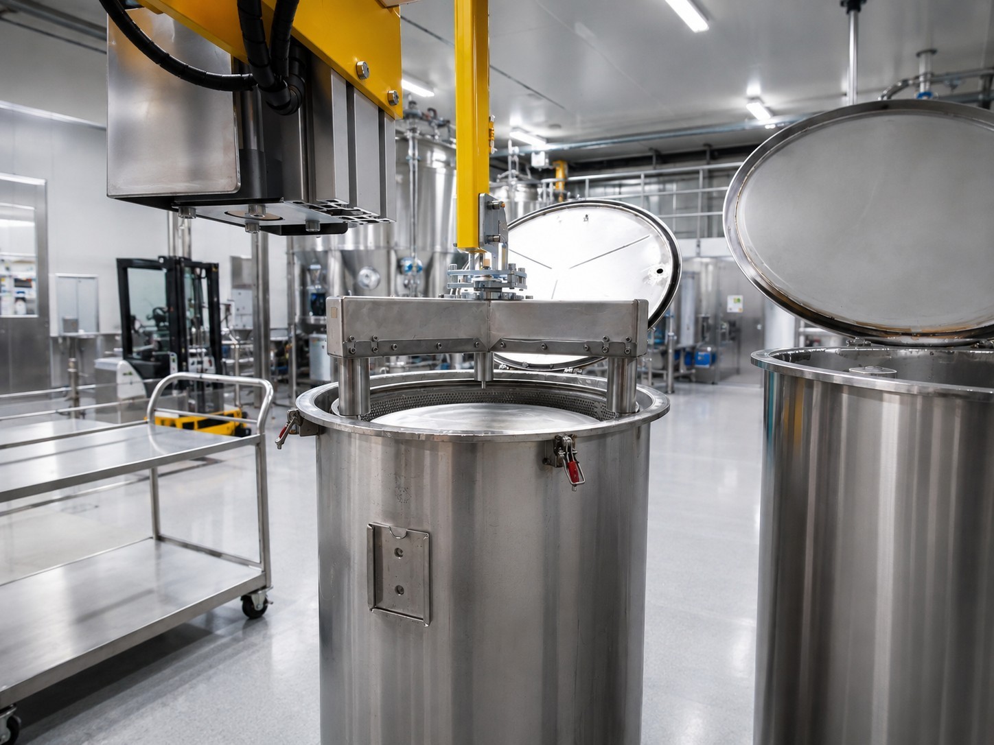 Fassmanipulator mit Fassgreifer zur Handhabung eines großen Edelstahlbehälters in einer industriellen Produktionsanlage.