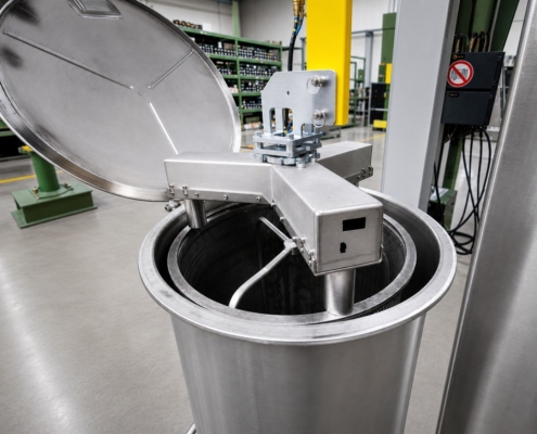 Fassmanipulator mit Fassgreifer zur sicheren Handhabung eines offenen Edelstahlfasses in einer industriellen Produktionsanlage.