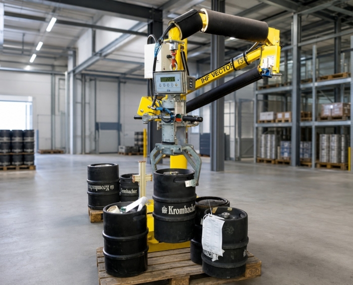 fassmanipulator-fassgreifer-fuer-getraenkefass-keg-handling Fassmanipulator mit Fassgreifer zur ergonomischen Handhabung und zum Heben von Getränkefässern in einer industriellen Produktionshalle.