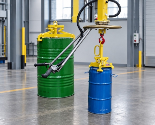 Fassmanipulator mit Fassgreifer zur sicheren Handhabung und zum Heben eines blauen Stahlfasses in einer Industriehalle.