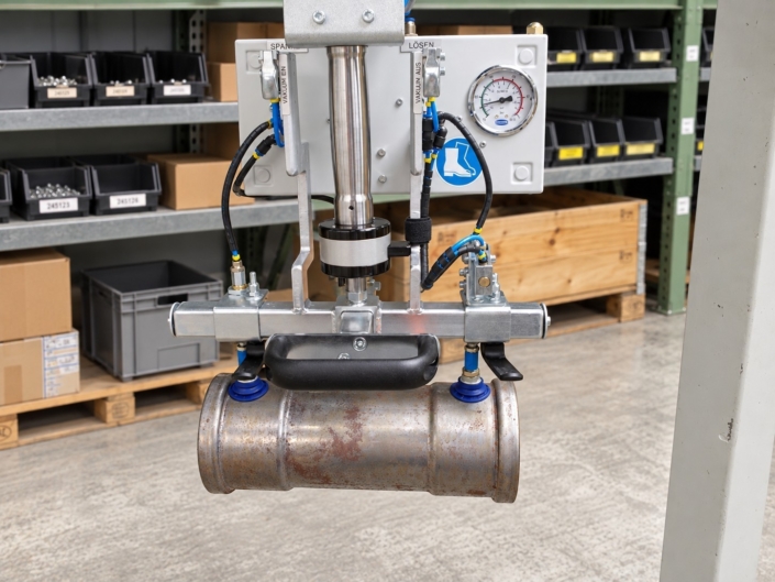 Fassmanipulator mit Fassgreifer und Vakuumgreifer zum sicheren Heben und Handhaben eines zylindrischen Metallbehälters.