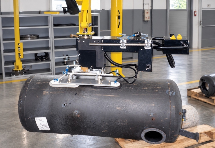 Fassmanipulator mit Fassgreifer und Vakuumgreifer zur sicheren Handhabung eines großen zylindrischen Tanks in horizontaler Lage.