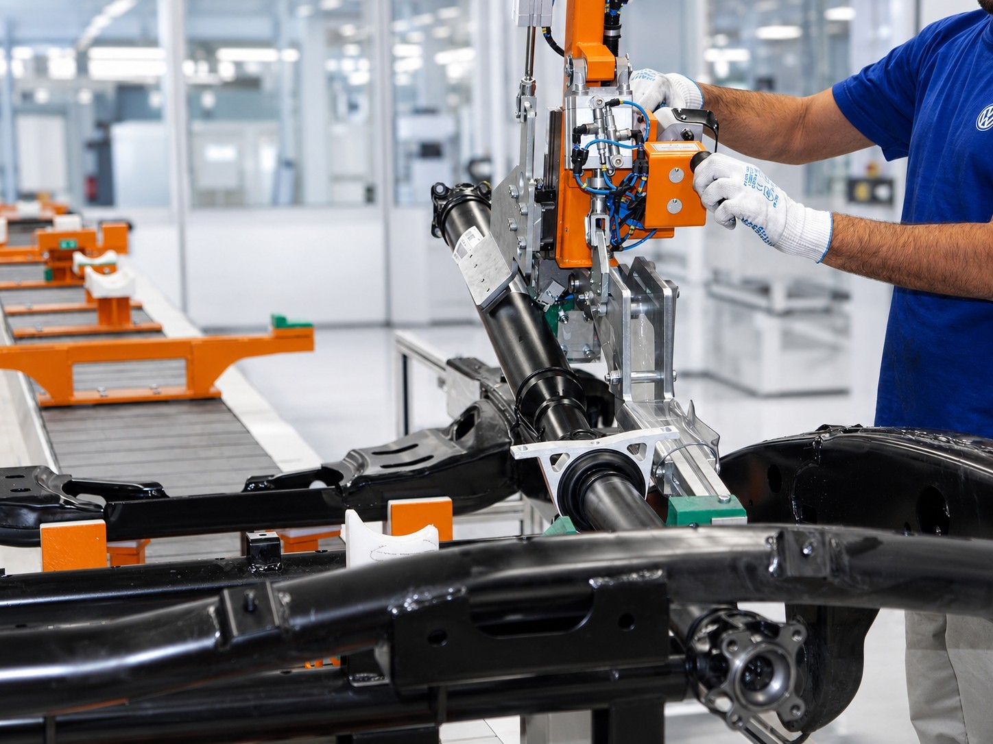 Hebehilfe Industrie mit Manipulator zur ergonomischen Handhabung von Fahrwerksteilen in der Automobilindustrie.