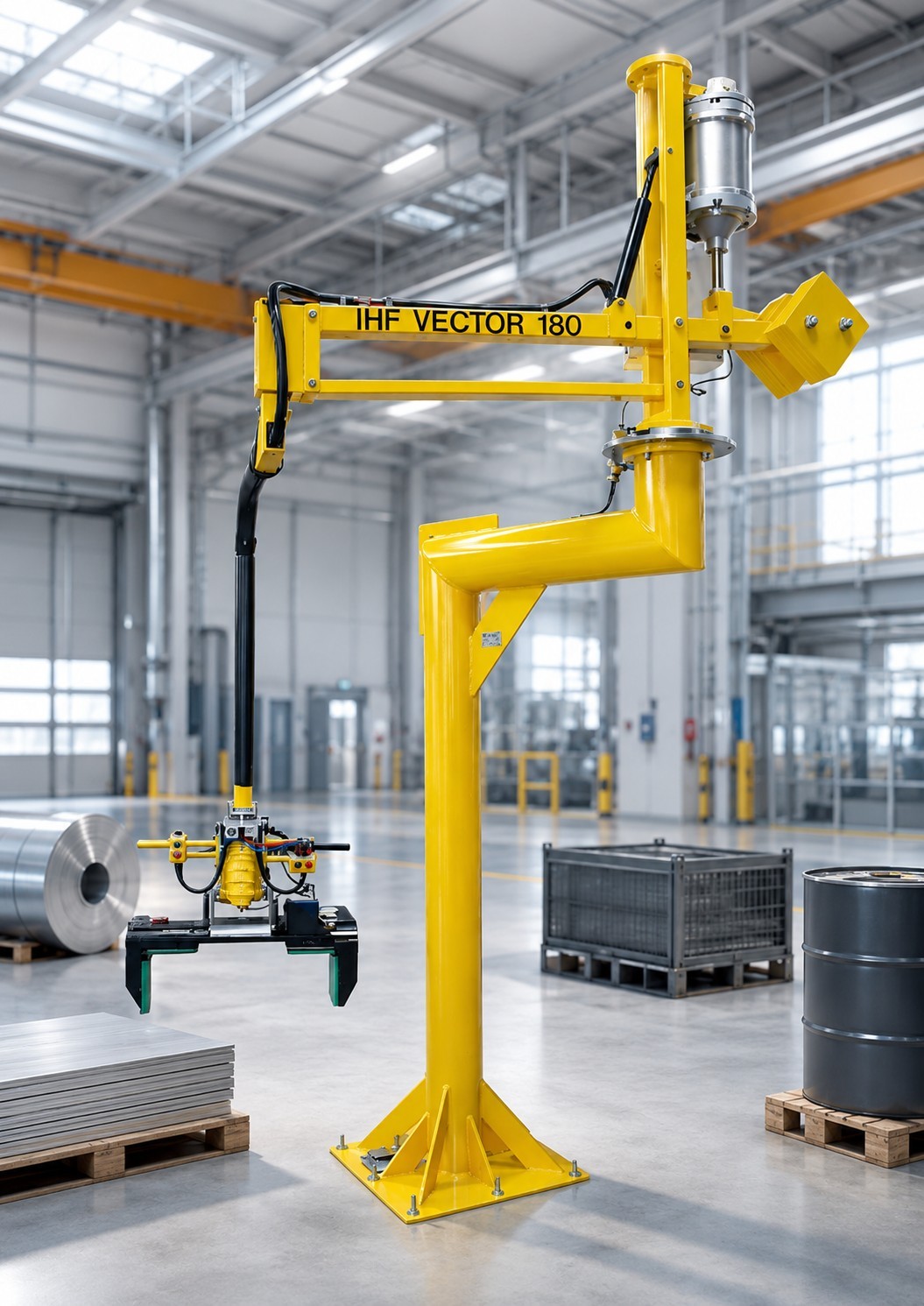 Hebehilfe Industrie als vielseitiger Manipulator für die Handhabung von Platten, Rollen, Behältern und Fässern in der Produktion.