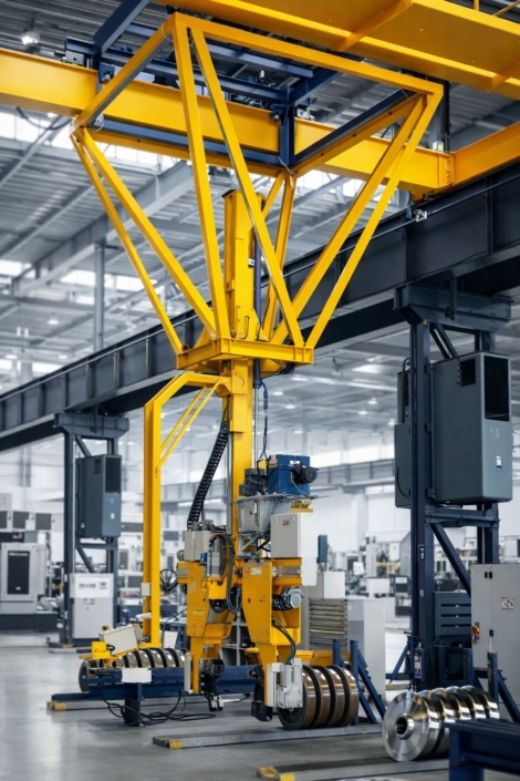 Hubachse elektrisch im schweren Stahlkransystem mit integriertem Coilgreifer zur sicheren Handhabung von Metallcoils in industrieller Produktionshalle.