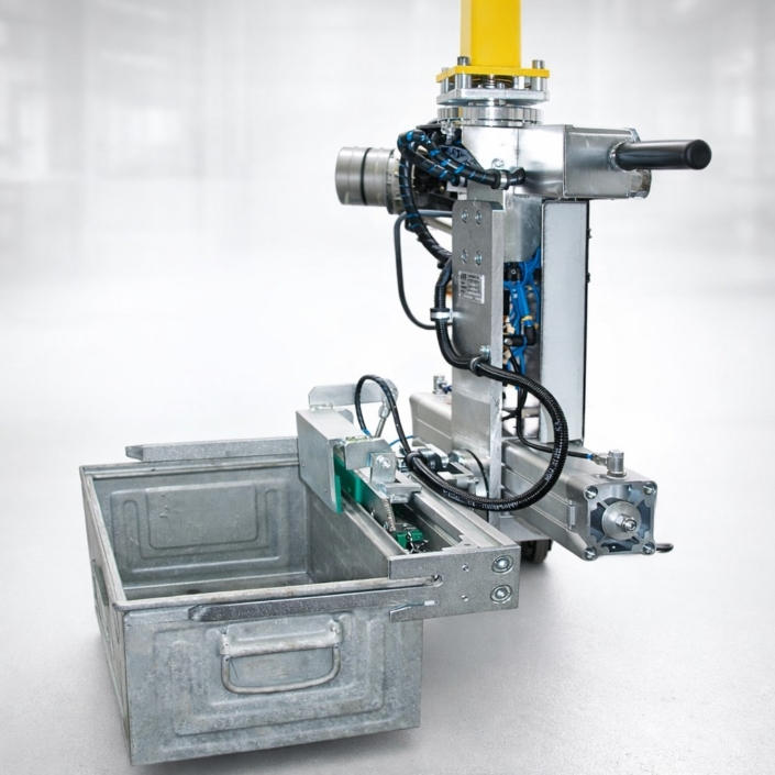 lastaufnahmemittel-kastengreifer-mit-drehantrieb-metallkasten-handling Lastaufnahmemittel Kastengreifer mit integriertem Drehantrieb zum präzisen Greifen und Positionieren eines Metallkastens in der industriellen Handhabung