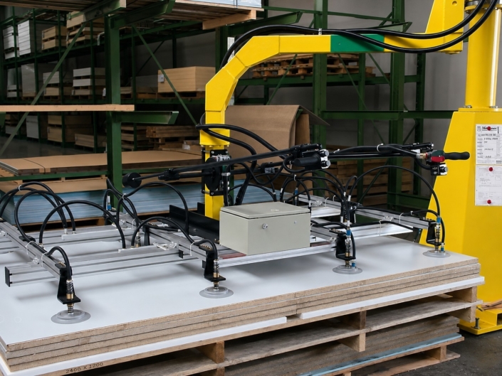 Vakuumheber für Platten mit mehreren Saugern an einer Vakuumtraverse zur sicheren Aufnahme und ergonomischen Handhabung großformatiger Platten.