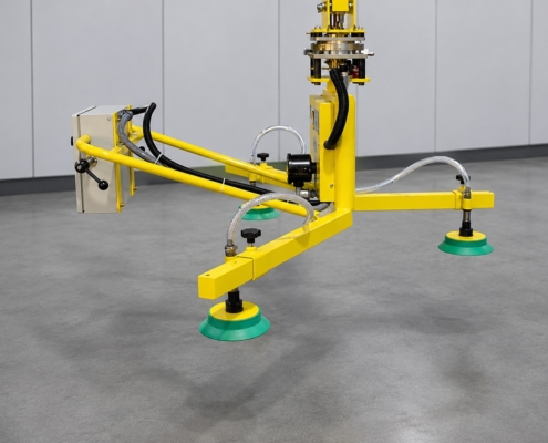 Vakuumsauger Bleche mit gelber Saugtraverse und grünen Saugnäpfen für das flexible und sichere Handling von Bauteilen in der Fertigung.