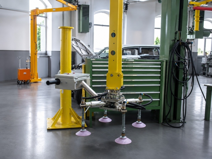Vakuumsauger Bleche mit Saugtraverse und Saugnäpfen für das flexible Handling von Bauteilen in einer industriellen Werkstatt.