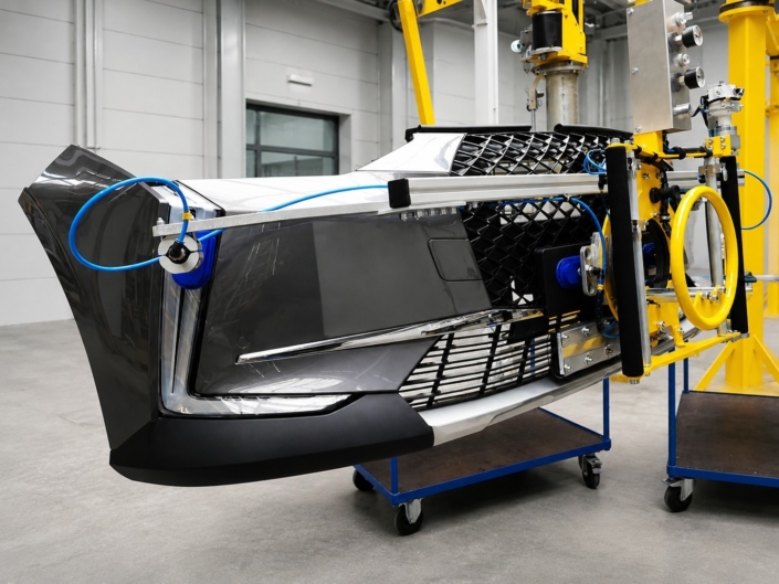 Vakuumsauger Bleche an einem Vakuumheber halten ein Fahrzeugfrontmodul mit Saugnäpfen für die sichere Positionierung in der industriellen Montage.